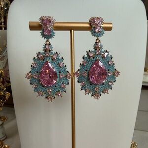 Pink & Turquoise zirconia Crystal Teardrop Statement Earrings -
